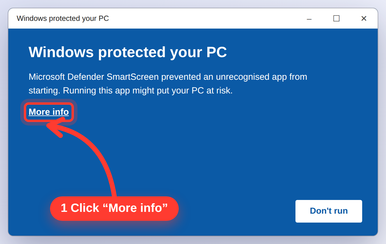 Windows warning screen with an arrow pointing to the More info link