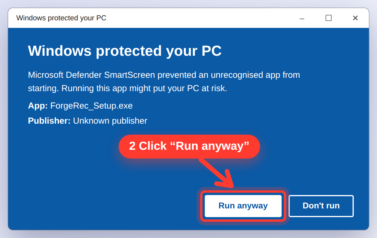 Windows warning screen with an arrow pointing to the Run anyway button